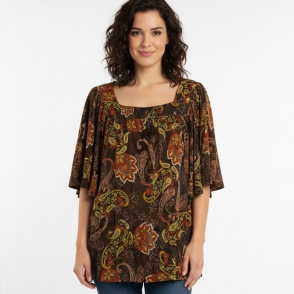 APT 9 Square Neckline Flutter Sleeves Top, Women’s M, Brown Orange Yellow